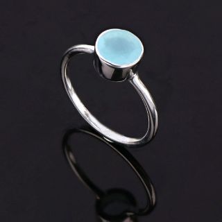 925 Sterling Silver  ring rhodium plated with round Aqua Chalcedony - 