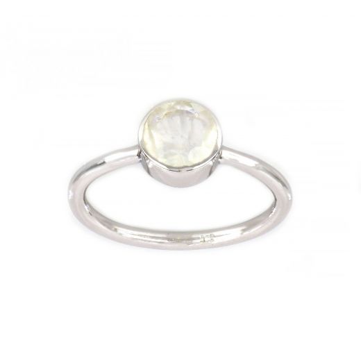 925 Sterling Silver  ring rhodium plated with round Rainbow Moonstone