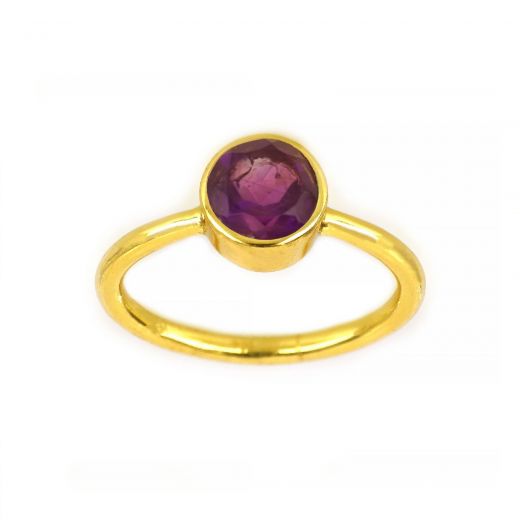 925 Sterling Silver ring gold plated with round Amethyst