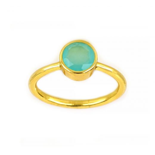 925 Sterling Silver  ring gold plated with round Aqua Chalcedony