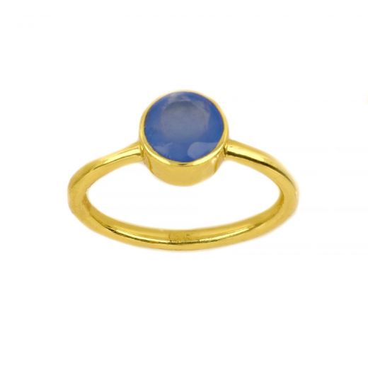 925 Sterling Silver  ring gold plated with round Blue Chalcedony