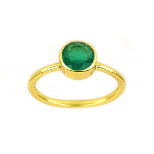 Χειροποίητο ασημένιο δαχτυλίδι επιχρυσωμένο με στρογγυλό πράσινο όνυχα (8mm)