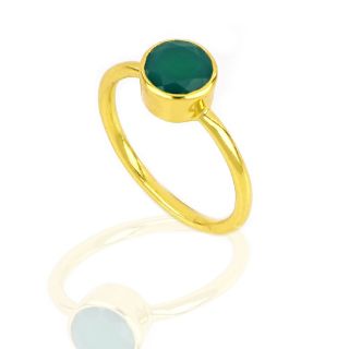 Χειροποίητο ασημένιο δαχτυλίδι επιχρυσωμένο με στρογγυλό πράσινο όνυχα (8mm) - 