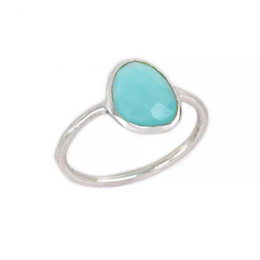 925 Sterling Silver  ring rhodium plated with oval Aqua Chalcedony