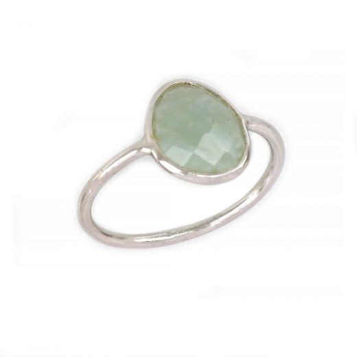 925 Sterling Silver  ring rhodium plated with oval Aquamarine