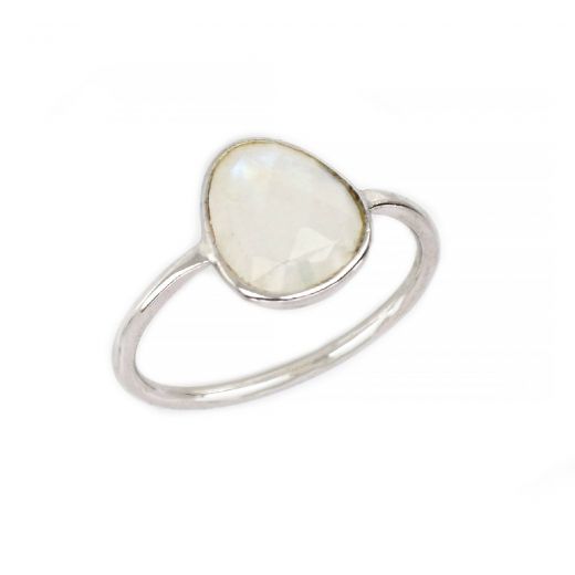 925 Sterling Silver ring rhodium plated with oval Rainbow Moonstone