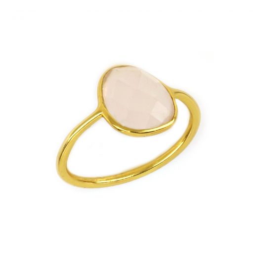 Χειροποίητο ασημένιο δαχτυλίδι επιχρυσωμένο με οβάλ ροζ χαλαζία (10x12mm)