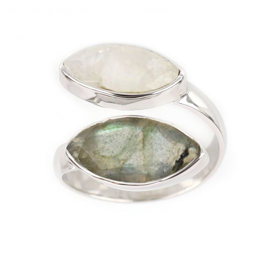 925 Sterling Silver ring rhodium plated with Rainbow Moonstone and Labradorite