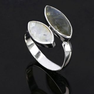 925 Sterling Silver ring rhodium plated with Rainbow Moonstone and Labradorite - 