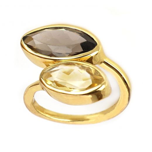 925 Sterling Silver  ring rhodium plated with Citrine and Smoky