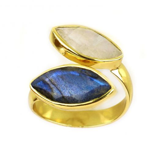 925 Sterling Silver ring gold plated with Rainbow Moonstone and Labradorite