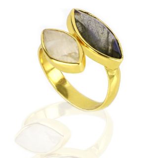 925 Sterling Silver ring gold plated with Rainbow Moonstone and Labradorite - 