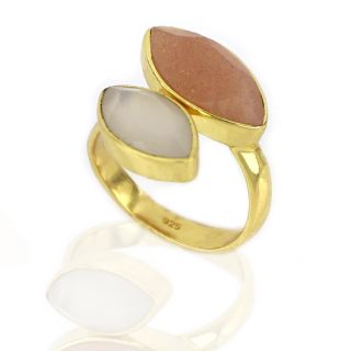 925 Sterling Silver ring gold plated with Rainbow Moonstone and peach Rainbow Moonstone - 