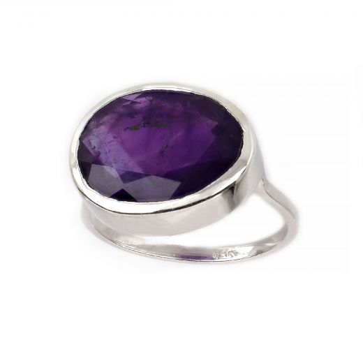 925 Sterling Silver ring rhodium plated with Amethyst