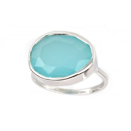 925 Sterling Silver ring rhodium plated with Aqua Chalcedony