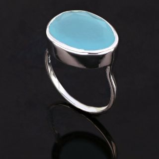 925 Sterling Silver ring rhodium plated with Aqua Chalcedony - 