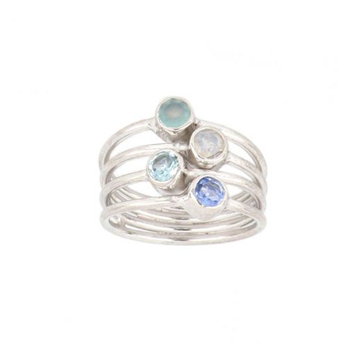 925 Sterling Silver ring rhodium plated with Aqua Chalcedony,Rainbow Moonstone,Blue Topaz and Tanzanite Quartz