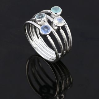 925 Sterling Silver ring rhodium plated with Aqua Chalcedony,Rainbow Moonstone,Blue Topaz and Tanzanite Quartz - 