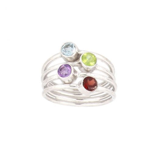 925 Sterling Silver ring rhodium plated with Blue Topaz,Peridot,Amethyst and Garnet
