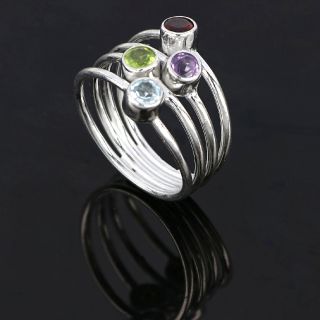 925 Sterling Silver ring rhodium plated with Blue Topaz,Peridot,Amethyst and Garnet - 