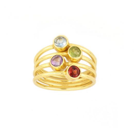 925 Sterling Silver ring gold plated with Blue Topaz, Amethyst and Garnet