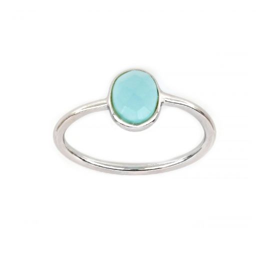 925 Sterling Silver ring rhodium plated with oval Aqua Chalcedony (9x7mm)