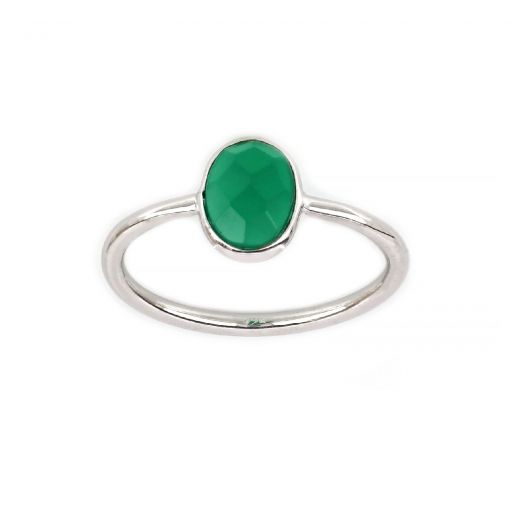 925 Sterling Silver ring rhodium plated with oval Green Onyx