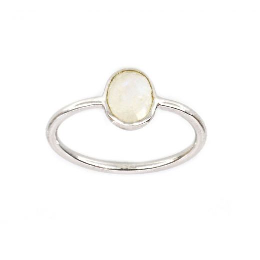 925 Sterling Silver ring rhodium plated with oval Rainbow Moonstone (9x7mm)