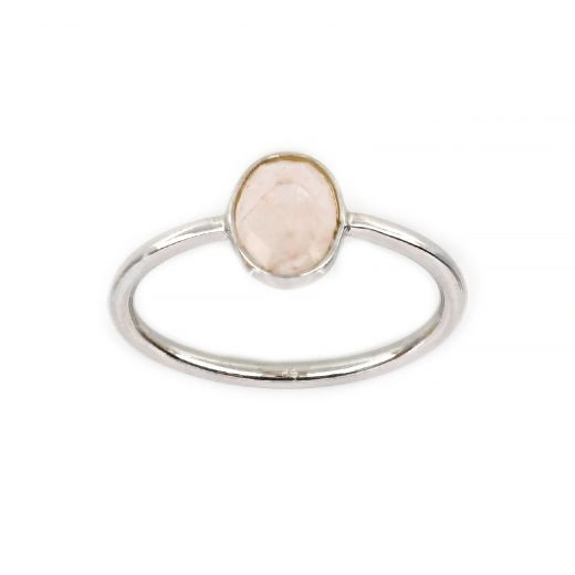 925 Sterling Silver ring rhodium plated with oval rose quartz(9x7mm)