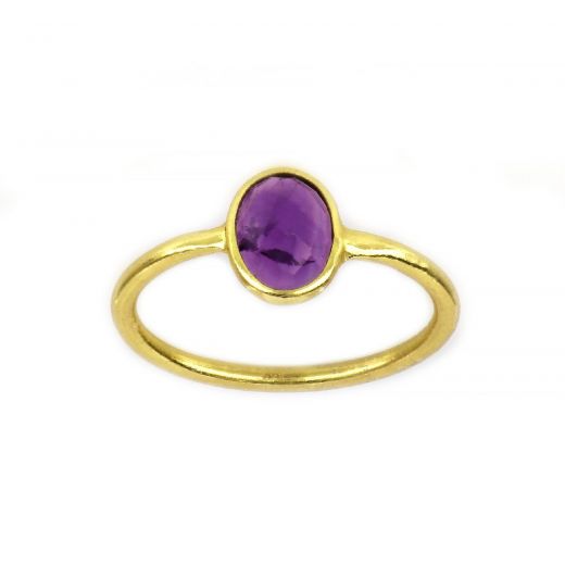 925 Sterling Silver ring gold plated with oval Amethyst (9x7mm)