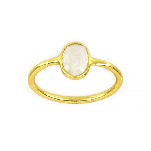 925 Sterling Silver ring gold plated with oval Rainbow Moonstone (9x7mm)