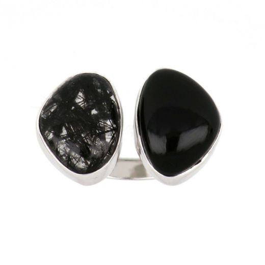 925 Sterling Silver ring rhodium plated with Black Onyx and Black Routile