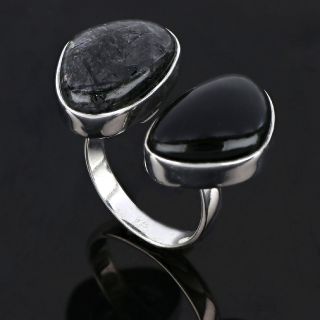 925 Sterling Silver ring rhodium plated with Black Onyx and Black Routile - 