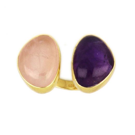 925 Sterling Silver ring gold plated with Amethyst and Rose Chalcedony (19x13mm)