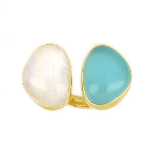 925 Sterling Silver ring gold plated with Aqua Chalcedony and Rainbow Moonstone (19x13mm)