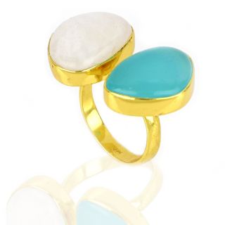 925 Sterling Silver ring gold plated with Aqua Chalcedony and Rainbow Moonstone (19x13mm) - 