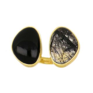 925 Sterling Silver ring gold plated with Black Onyx and Black Rutile - 