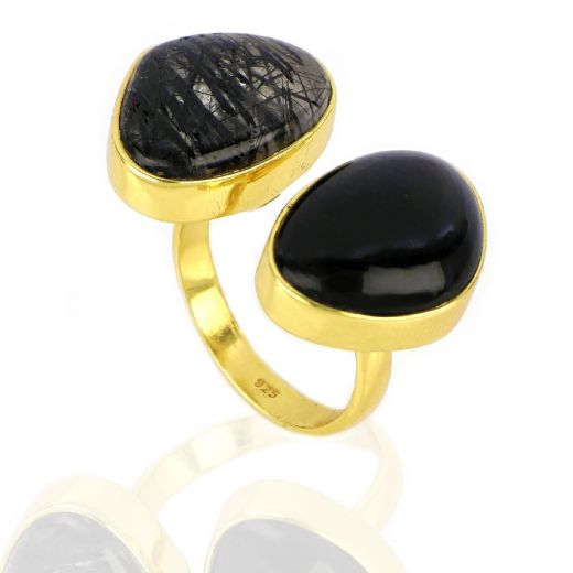 925 Sterling Silver ring gold plated with Black Onyx and Black Rutile