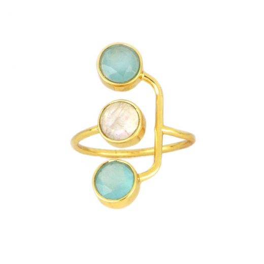 925 Sterling Silver ring gold plated with Aqua Chalcedony and Rainbow Moonstone