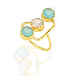 925 Sterling Silver ring gold plated with Aqua Chalcedony and Rainbow Moonstone - 