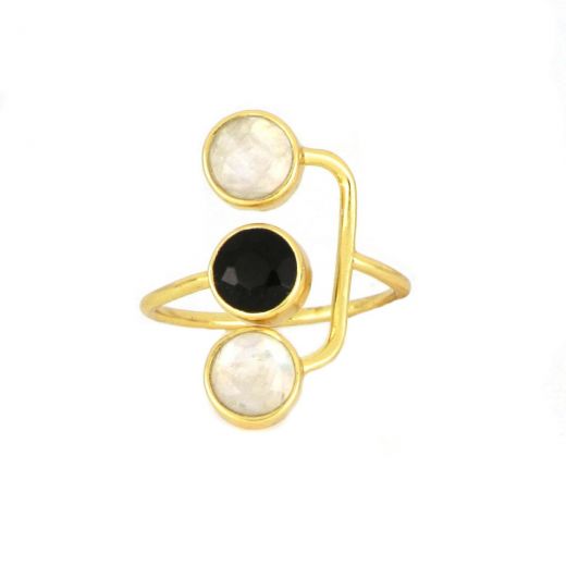 925 Sterling Silver ring gold plated with two round stones Rainbow Moonstone and one stone Black Onyx