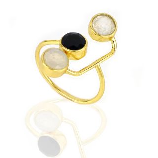 925 Sterling Silver ring gold plated with two round stones Rainbow Moonstone and one stone Black Onyx - 