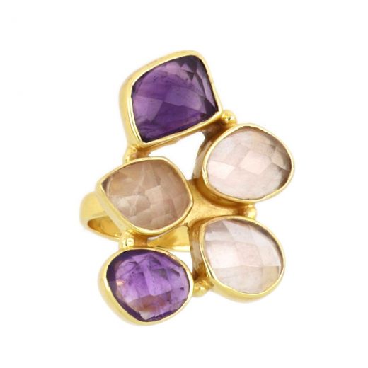 925 Sterling Silver ring gold plated with three stones of rose chalcedony and two stones of Amethyst