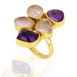 925 Sterling Silver ring gold plated with three stones of rose chalcedony and two stones of Amethyst - 