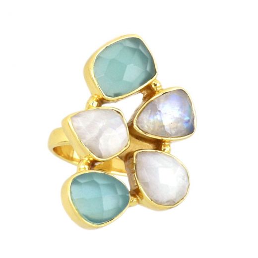 925 Sterling Silver ring gold plated with three stones of Rainbow Moonstone and two stones of Aqua Chalcedony