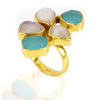 925 Sterling Silver ring gold plated with three stones of Rainbow Moonstone and two stones of Aqua Chalcedony - 