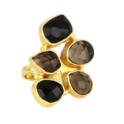 925 Sterling Silver ring gold plated with three stones of Smoky and two stones of Black Onyx