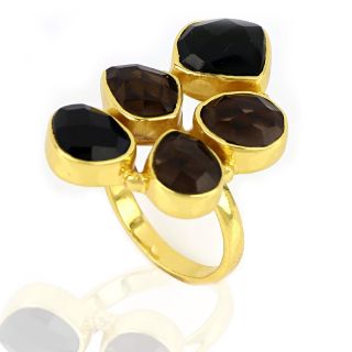 925 Sterling Silver ring gold plated with three stones of Smoky and two stones of Black Onyx - 