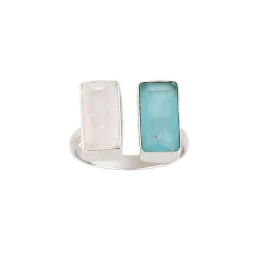 925 Sterling Silver ring rhodium plated with Rainbow Moonstone and Aqua Chalcedony