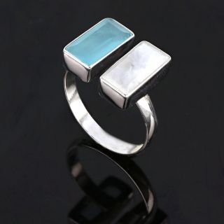 925 Sterling Silver ring rhodium plated with Rainbow Moonstone and Aqua Chalcedony - 